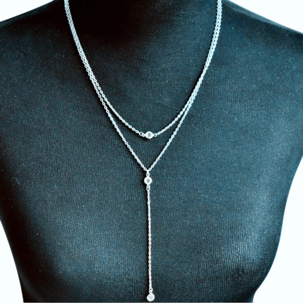 Silver Crystal Drop Double Layer Chain Necklace - Picture 2 of 2